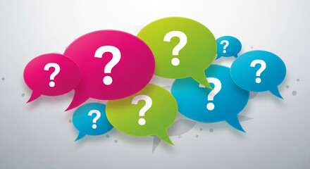 Several colorful speech bubble with a white question mark, showing question, query or confusion, representing uncertainty and the search for information