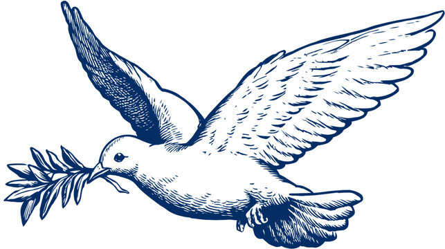 Flying dove carrying an olive branch, a powerful symbol of peace, hope, and freedom in vintage hand drawn illustration style