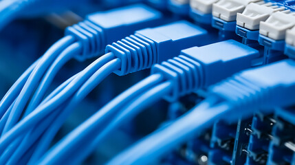 Blue network cables plugged into a server panel, showcasing connectivity and data transmission. Close-up emphasizes the essential role of cabling in networking infrastructure.