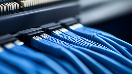 Network cables plugged into a switch, symbolizing data flow and connectivity. Blue cables dominate the frame, highlighting structured cabling in a data center setting.