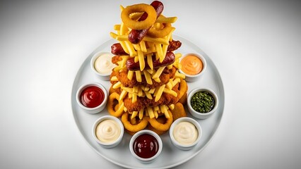 Delicious Loaded Fries and Onion Rings Tower with Dipping Sauces.