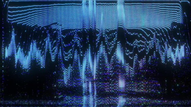 4K Glitch waveform interface animation, layered audio signal peaks across dark digital screen, CRT scanlines and vertical distortion lines, heavy noise interference and signal breakup, electronic