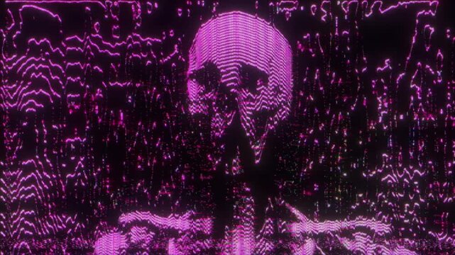 4K Glitch skeleton performance animation, neon pink humanoid figure formed by pixel noise and scanlines, heavy signal interference and distortion, dark synth concert background visual, cyber aesthetic
