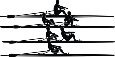 Rowing team silhouettes training on water with oars, competitive crew sport action, athletes in scull boats isolated illustration © Heyyy