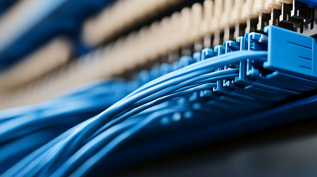 Network cables connected to a server patch panel. The blue cables signify structured cabling and efficient data transfer in a data center. Connection is key. - Powered by Adobe