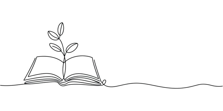 Opened book with sprout plant continuous line drawing, single line art of seedling growing from book for education study and knowledge concept vector.