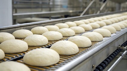 Close Up of Bread Dough Rows Moving on Automated Bakery Production Machine
