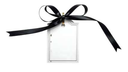 Elegant blank white gift tag with a sophisticated black satin ribbon bow for special occasions