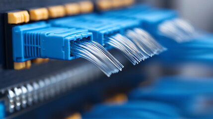 Close-up of vibrant blue network cables plugged into a server rack. Connectivity, digital infrastructure, and modern technology, conveying a sense of seamless data transfer.