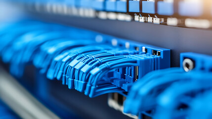 A high-angle, macro shot features a series of vibrant blue ethernet cables neatly connected to a server, symbolizing seamless connectivity and efficient network infrastructure.