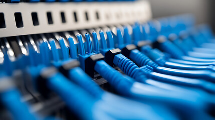 An organized array of blue network cables plugged into a server. The cables are neatly arranged for efficient data transfer and connection in a digital infrastructure.