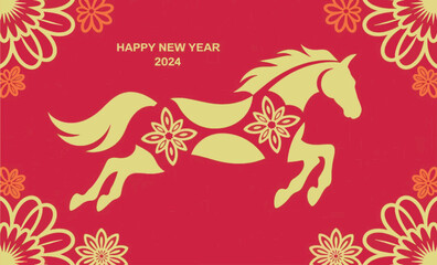 Greeting Card with Golden Horse Silhouette and Floral Ornaments on Red Background