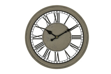 Round wall clock with Roman numerals and a greyish-brown frame and face on a white background.