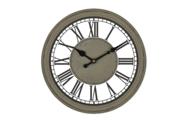 Round wall clock with Roman numerals and a greyish-brown frame and face on a white background.