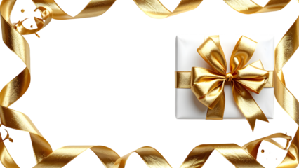 Elegant white gift box with shimmering golden ribbon and festive frame on black background