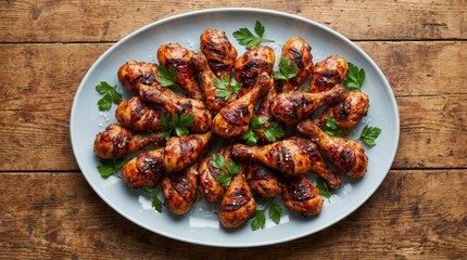 Grilled Chicken Drumsticks Served on White Platter with Fresh Herbs on Rustic Wooden Tabletop, Overhead Food Photography