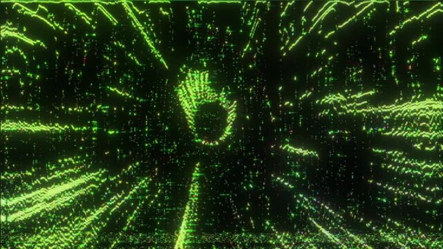 4K Cyber data tunnel animation, green matrix code streams forming abstract humanoid head shape, high speed digital signal flow, dense numeric particles and perspective distortion futuristic interface 