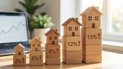 Rising Real Estate Market Growth Displayed with Wooden House Models and Increasing Percentage Rates on Desk