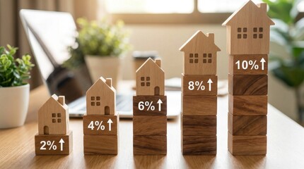 Increasing growth rates represented by wooden house models with percentage labels in a bright indoor setting for business and finance concept