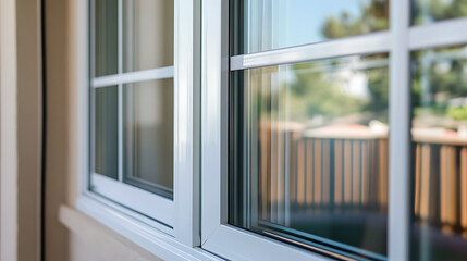 Fototapeta premium Close-up of a double-hung white window with a view of greenery and a fence, showcasing both the window's design and the outdoor scenery through its glass.
