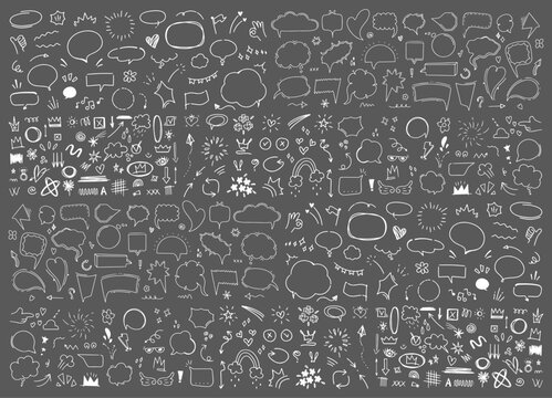 Retro Hand Drawn Mega set marker scribbles. Handwriting arrows, alphabet, check marks, emoji, speech bubbles, underline set of marker brush stroke texture. Bundle of different doodles. Collection eps.
