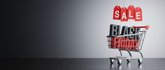 Black Friday Sale Shopping Cart with Discount Tags in Minimal Retail Store Environment Close-up View for E-commerce Concept
