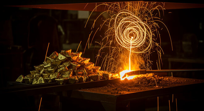 Image of gold ingot pile under light with sparks, representing wealth and industrial process, suitable for finance, industry or technology concepts - Powered by Adobe