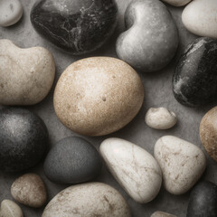 Polished stones with natural texture. Black, gray and white pebble. Natural background