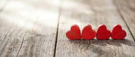 Four red heart shapes lined on wooden surface, close-up view of love symbols, romantic concept in natural lighting environment
