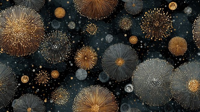A seamless repeating pattern against a dark background in metallic gold and silver tones, featuring stylized rotating fireworks, classic clock faces, and bubbling champagne glasses.