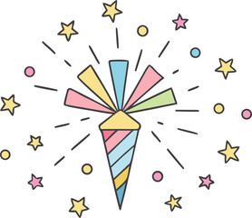 Colorful confetti arranged in a circular pattern with sparkling firework bursts, festive celebration scene, party decoration, joyful holiday event, vibrant abstract design, fun burst