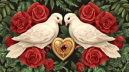 Two white doves with golden heart locket surrounded by red roses and greenery love isolated on a transparent background
