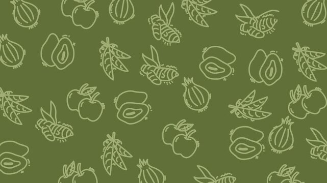 Olivegreen image with sketched fruits, vegetables, and a beelike insect. Ideal for foodrelated designs, educational materials, and gardening themes.