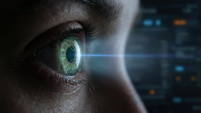 Innovative technology enhancing vision futuristic lab digital media high-tech environment close-up view eye-tracking