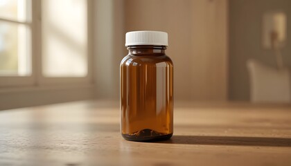 Empty brown glass bottle with a white cap, for pills or supplements, resting on a wooden table