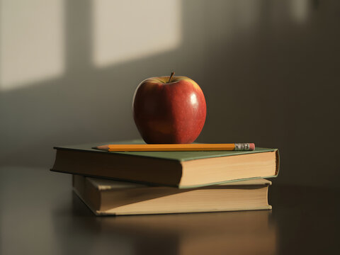 Apple on Books with Pencil Symbol of Education and Learning
