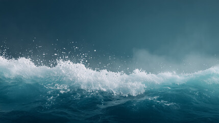 Ocean wave crashing with white foam and blue water under cloudy sky creating dynamic natural motion