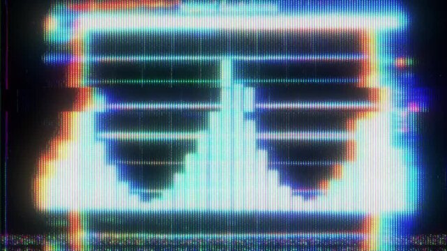 4K CRT audio spectrum screen animation, vertical equalizer bars forming symmetrical waveform shape, analog scanlines and RGB signal distortion, noise interference and broadcast style artifacts