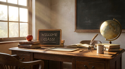 Welcome to Class Classic Classroom Education Concept with Books and Globe