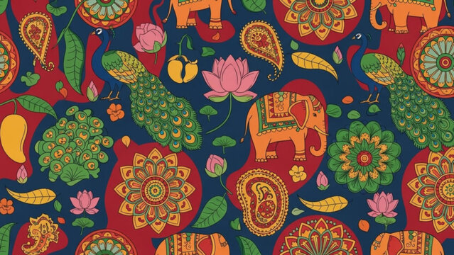 Vibrant indian inspired seamless pattern with elephants peacocks flowers and mandalas on blue