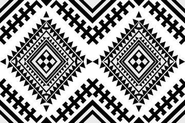 Black and white ethnic geometric textile pattern, tribal fabric design, symmetrical diamond shapes, seamless repeating pattern, bold black lines on white background, zigzag and step motifs.