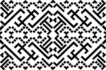 Black and white tribal geometric textile pattern, ethnic fabric design, symmetrical abstract shapes, seamless repeating pattern, bold thick black lines on white background.