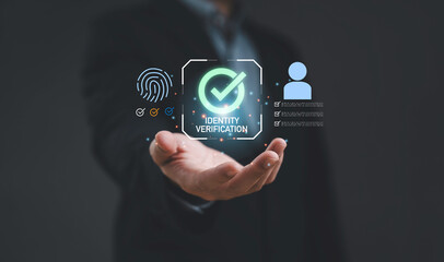 Digital identity verification concept with biometric fingerprint and user profile icons represents secure authentication data protection online access control and trusted verification technology.