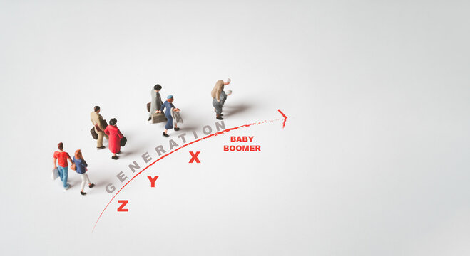 Miniature people figures walking forward illustrate generational change from Baby Boomer to Generation Z symbolizing workforce transition population aging social evolution and future trends concept.