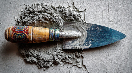 Vibrant trowel with ornate handle lies on gray concrete background