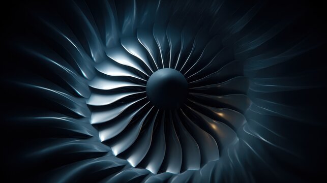 A jet engine turbine shows its detailed blades and circular center. The setting highlights the engineering design in a dark atmosphere. The focus is on the intricate components