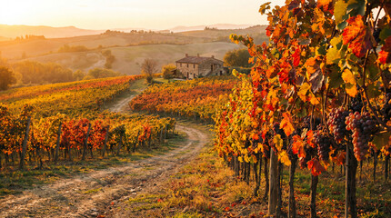 Naklejka premium Autumn vineyard rows at golden hour in rolling hills