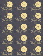 Stylized leaves and unusual flowers on the background of the moon make up a mystical seamless vector pattern on a dark background.