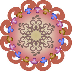 Delicate gradient elements, unevenly arranged in a circle, resemble birds, surrounded by patterns of curls for printing on clothes, stickers, websites, postcards.