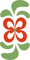 A simple pattern symbolizing green leaves and a red flower with four petals for printing on clothes, stickers, websites, postcards.